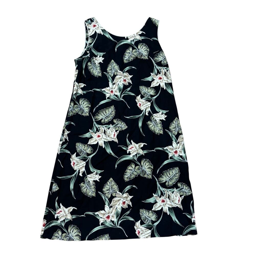 Hawaiian Tank Dress Women's Large Black Orchids Palm Leaves Rayon VTG Modest